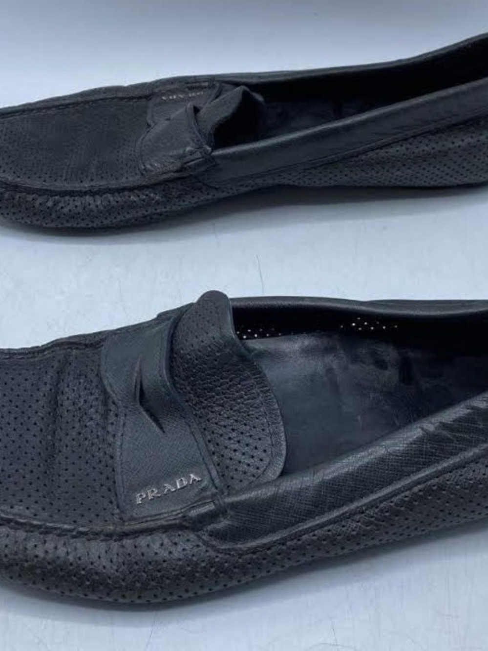 Prada Black Perforated Leather Penny Loafers
